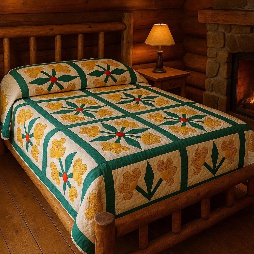 Handmade Floral Appliqué Quilt – 90” x 90” – Signed by Artist Elizabeth Bush
